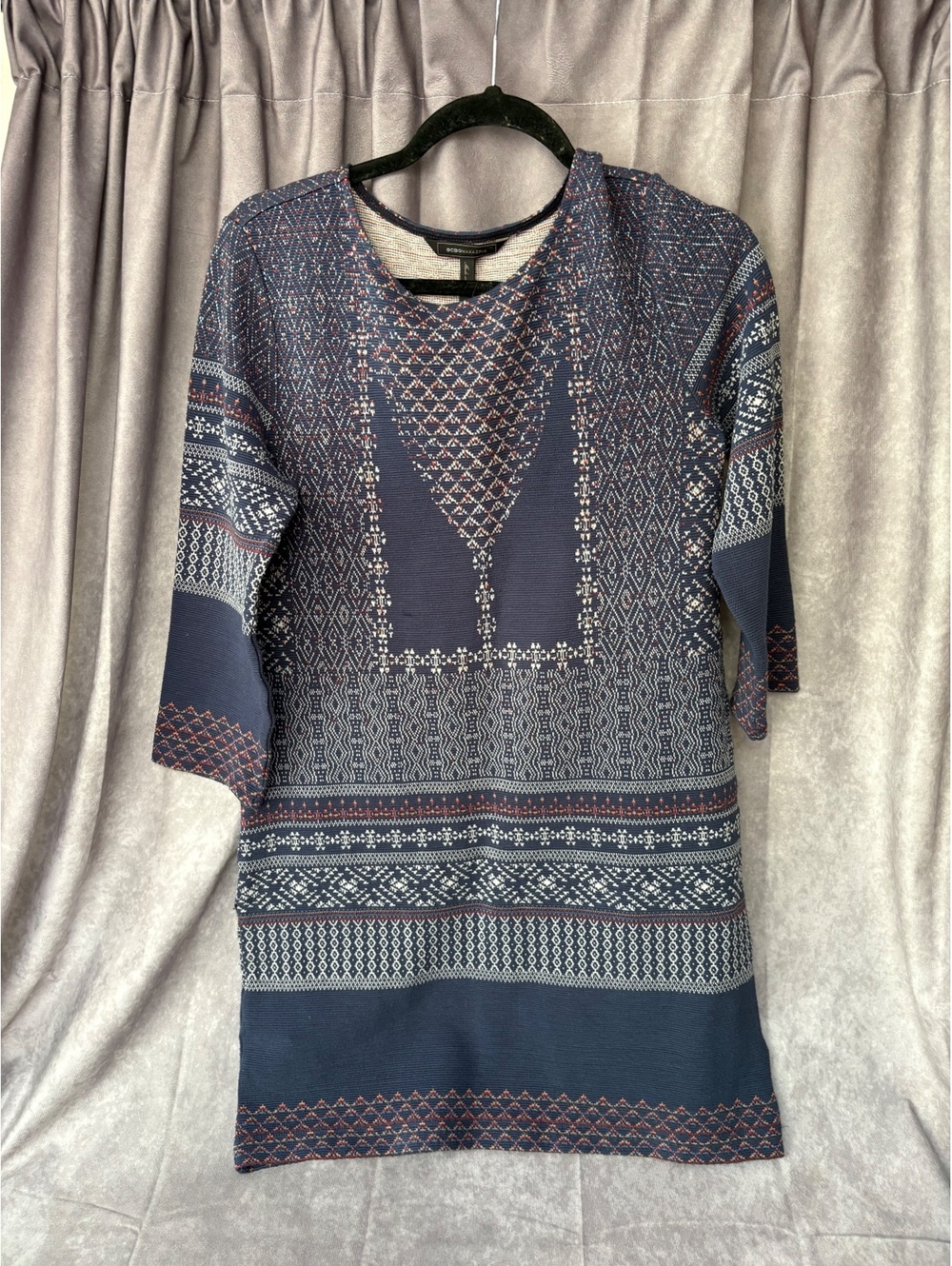 BCBGMAXAZRIA Beth Knit Sweater Dress M Blue Fair Isle 3/4 Sleeve Bodycon